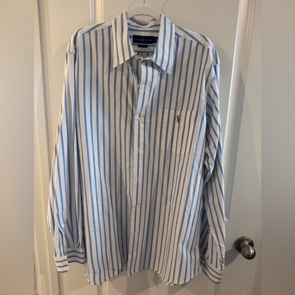 Ralph Lauren Men's White and Blue Striped Shirt
